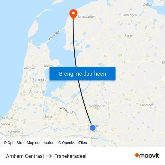 Arnhem Centraal to Franekeradeel map