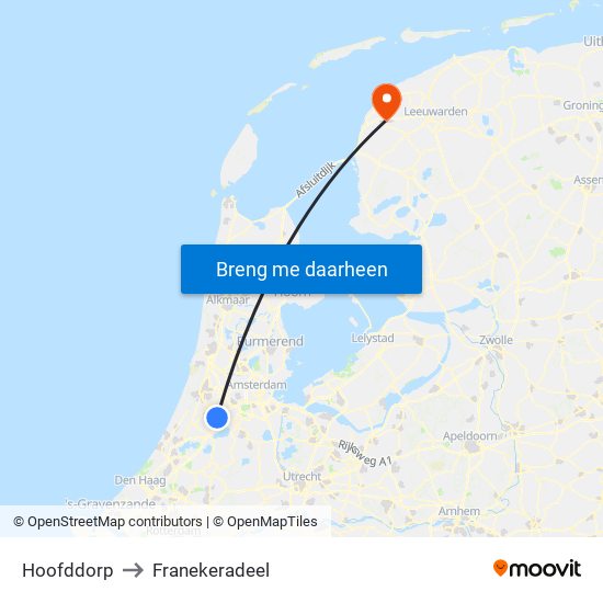 Hoofddorp to Franekeradeel map