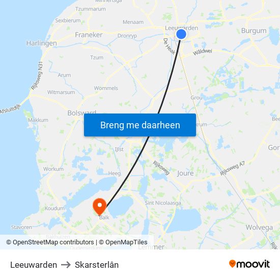 Leeuwarden to Skarsterlân map