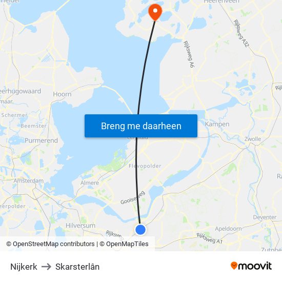 Nijkerk to Skarsterlân map