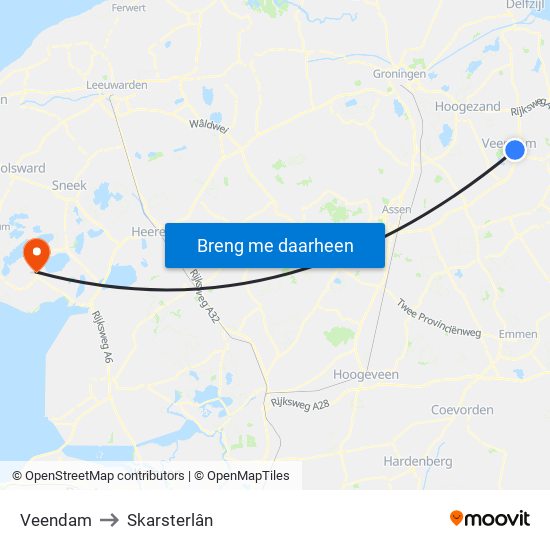 Veendam to Skarsterlân map
