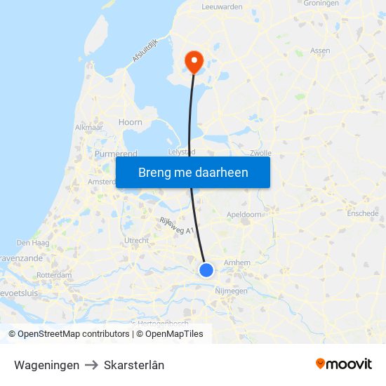 Wageningen to Skarsterlân map