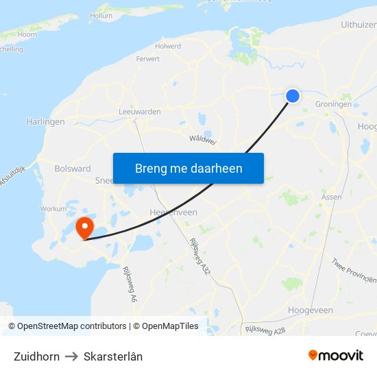 Zuidhorn to Skarsterlân map