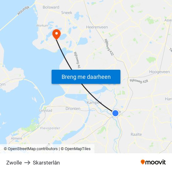 Zwolle to Skarsterlân map