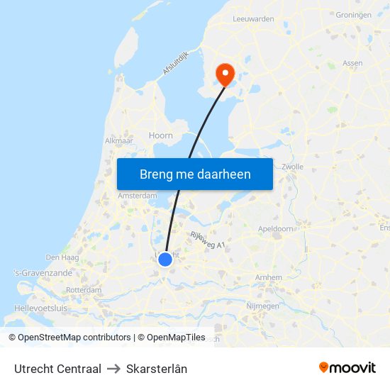 Utrecht Centraal to Skarsterlân map