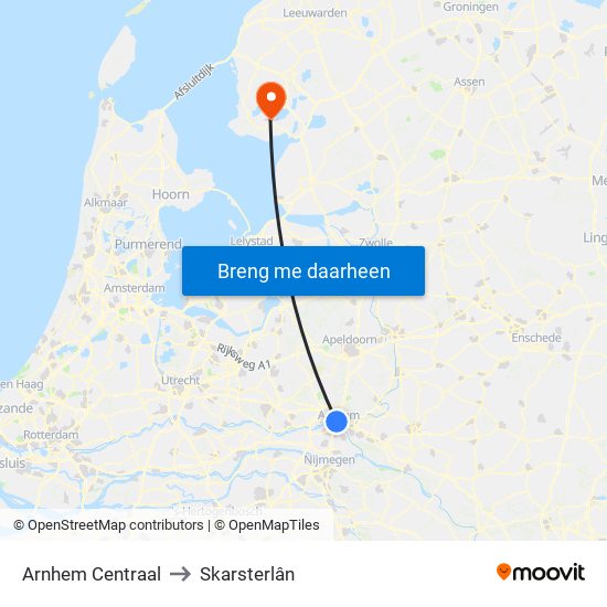 Arnhem Centraal to Skarsterlân map