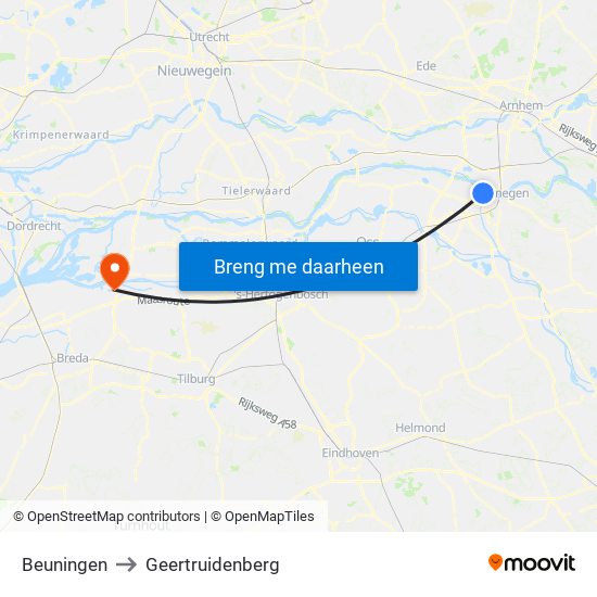 Beuningen to Geertruidenberg map