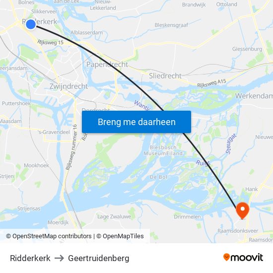 Ridderkerk to Geertruidenberg map