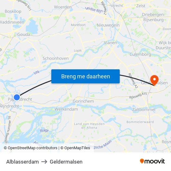 Alblasserdam to Geldermalsen map