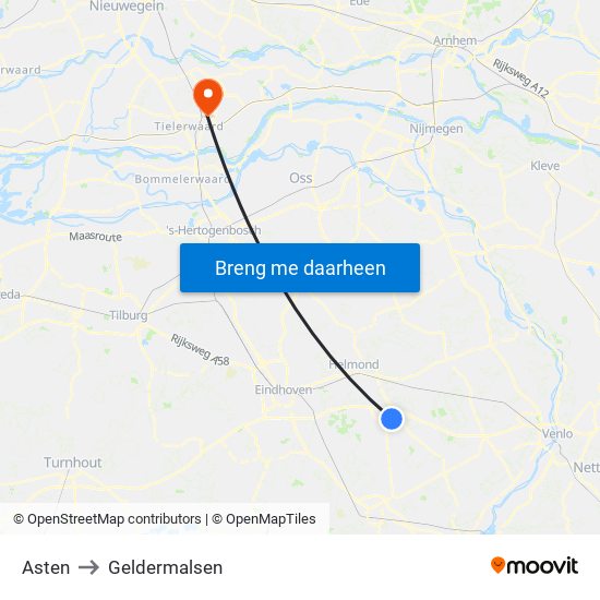 Asten to Geldermalsen map