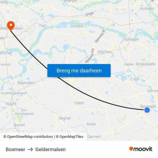 Boxmeer to Geldermalsen map