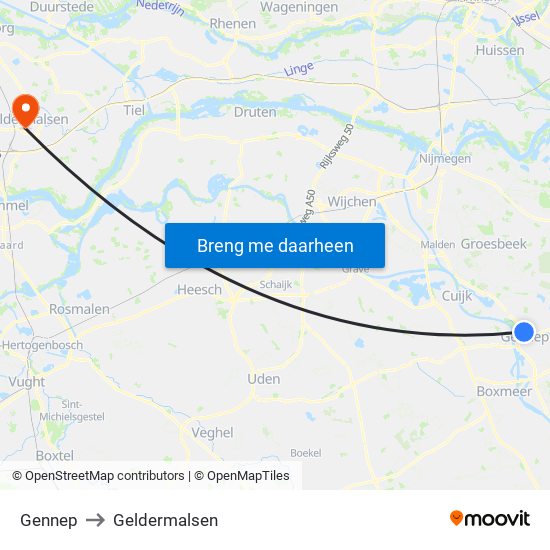 Gennep to Geldermalsen map