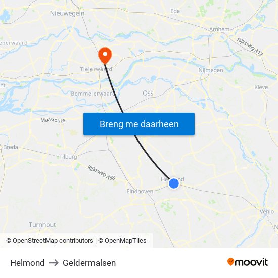 Helmond to Geldermalsen map