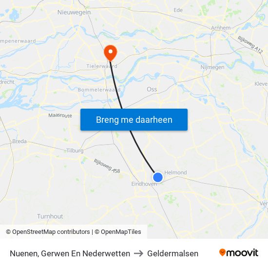 Nuenen, Gerwen En Nederwetten to Geldermalsen map