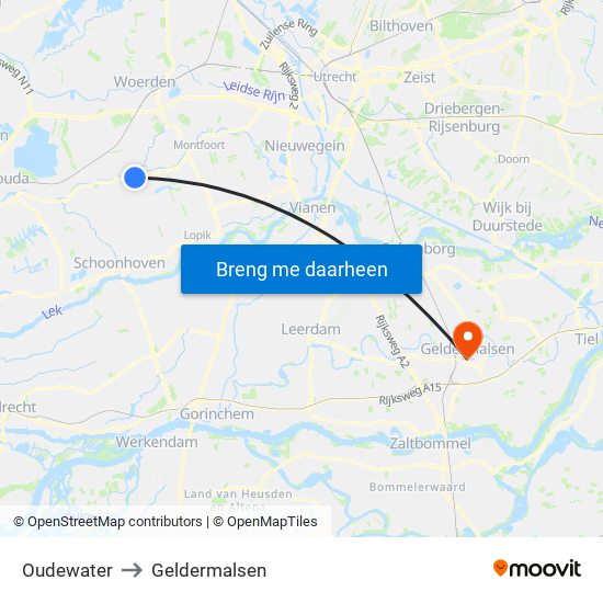 Oudewater to Geldermalsen map