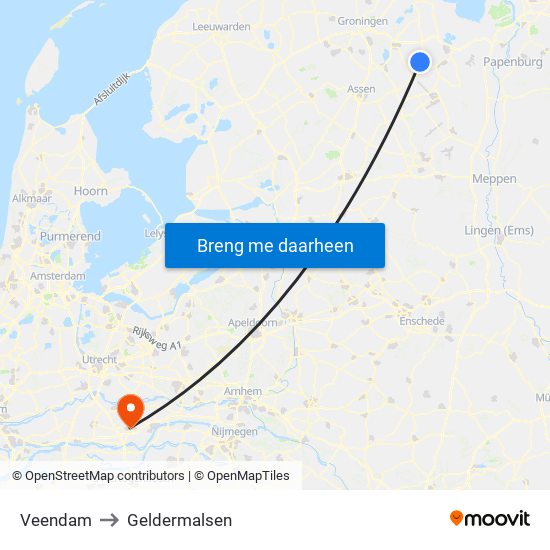 Veendam to Geldermalsen map