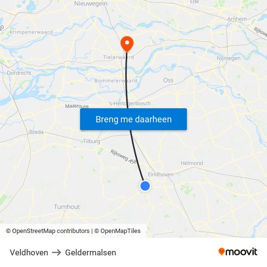 Veldhoven to Geldermalsen map