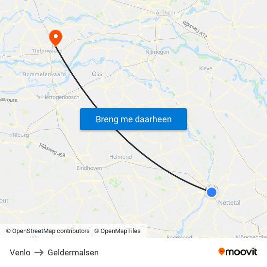 Venlo to Geldermalsen map