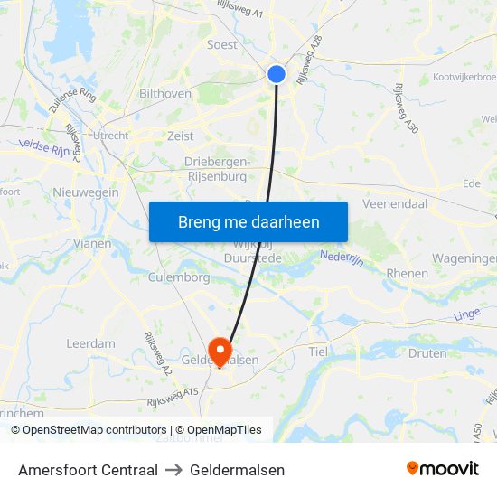 Amersfoort Centraal to Geldermalsen map