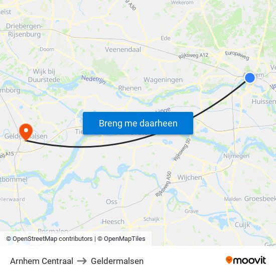Arnhem Centraal to Geldermalsen map