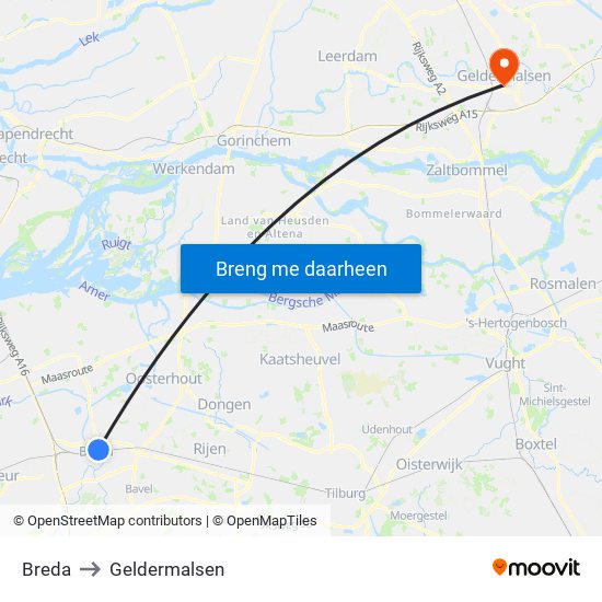 Breda to Geldermalsen map