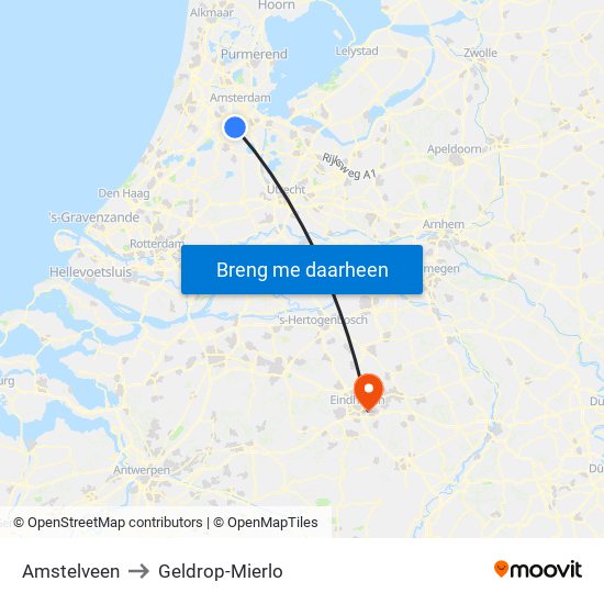 Amstelveen to Geldrop-Mierlo map