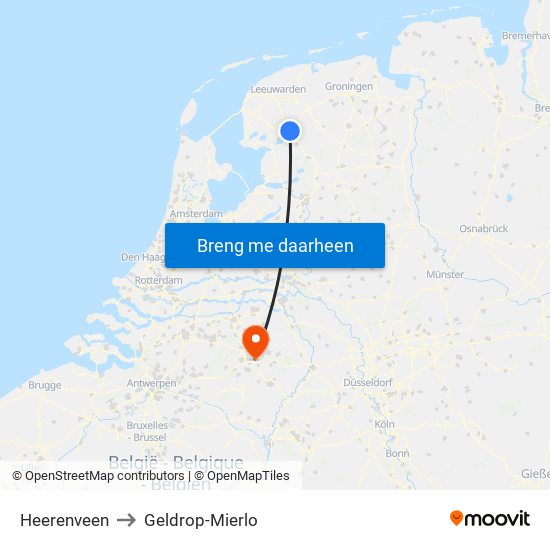 Heerenveen to Geldrop-Mierlo map