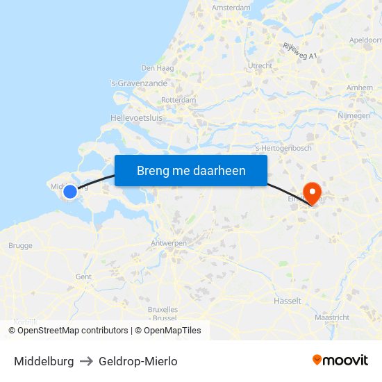 Middelburg to Geldrop-Mierlo map