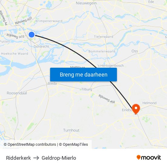 Ridderkerk to Geldrop-Mierlo map