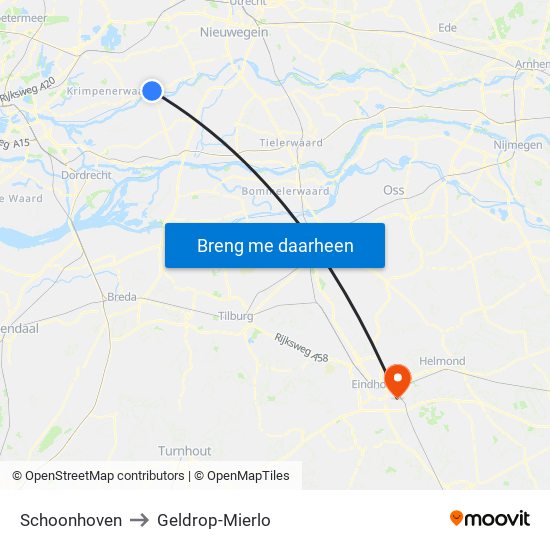 Schoonhoven to Geldrop-Mierlo map