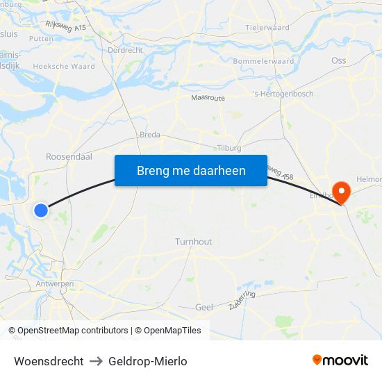 Woensdrecht to Geldrop-Mierlo map