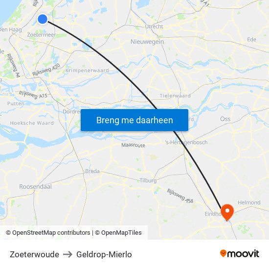 Zoeterwoude to Geldrop-Mierlo map