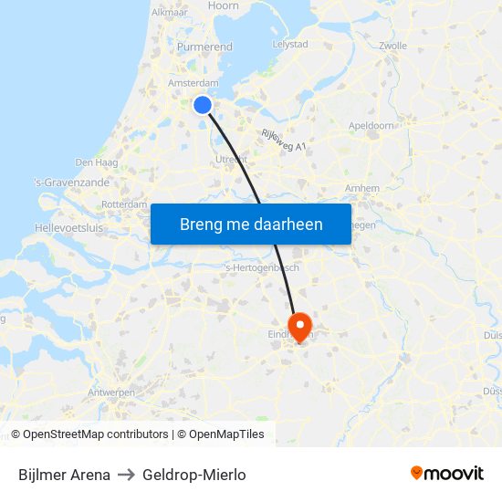 Bijlmer Arena to Geldrop-Mierlo map