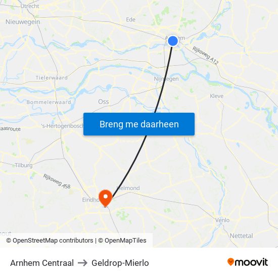 Arnhem Centraal to Geldrop-Mierlo map