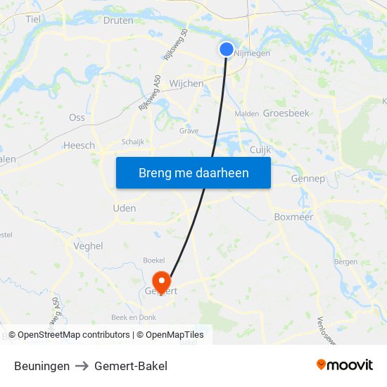 Beuningen to Gemert-Bakel map