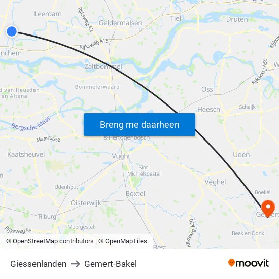 Giessenlanden to Gemert-Bakel map
