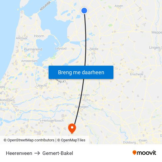 Heerenveen to Gemert-Bakel map