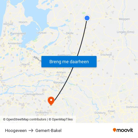 Hoogeveen to Gemert-Bakel map