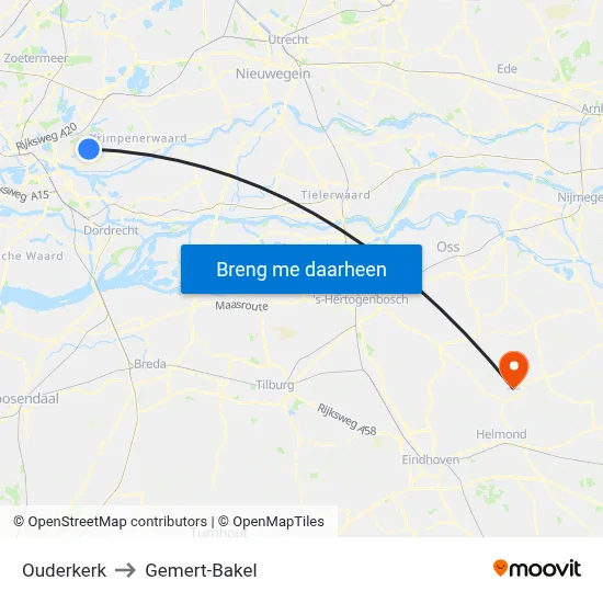 Ouderkerk to Gemert-Bakel map