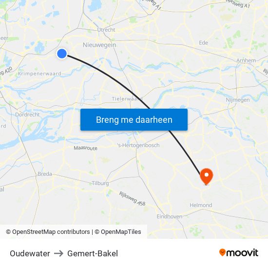 Oudewater to Gemert-Bakel map
