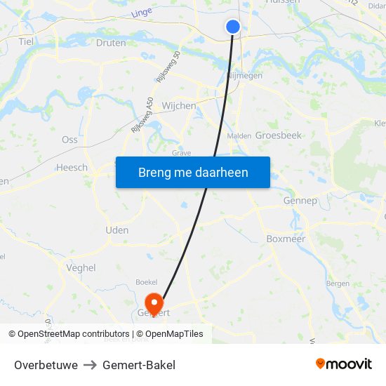 Overbetuwe to Gemert-Bakel map