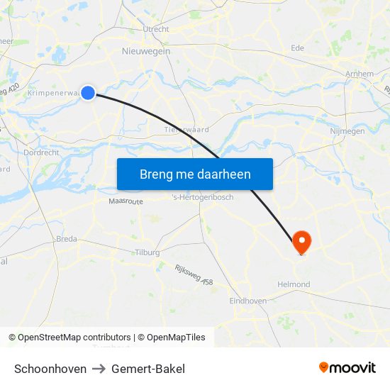 Schoonhoven to Gemert-Bakel map