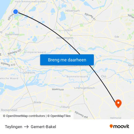 Teylingen to Gemert-Bakel map