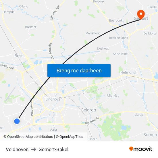 Veldhoven to Gemert-Bakel map