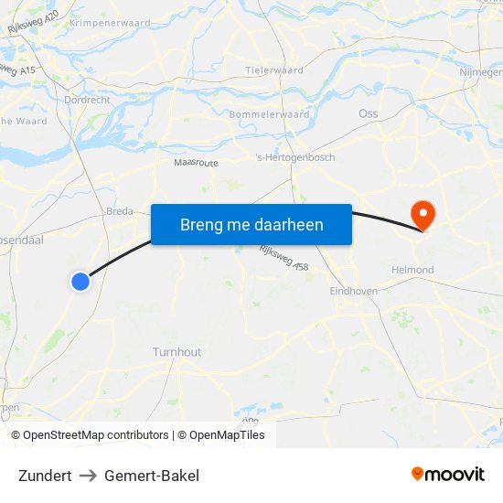 Zundert to Gemert-Bakel map