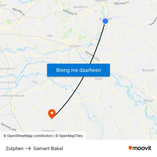 Zutphen to Gemert-Bakel map