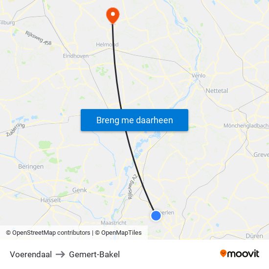 Voerendaal to Gemert-Bakel map