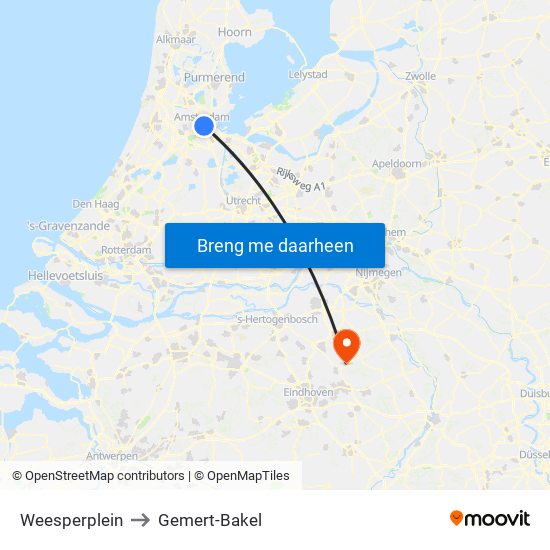 Weesperplein to Gemert-Bakel map