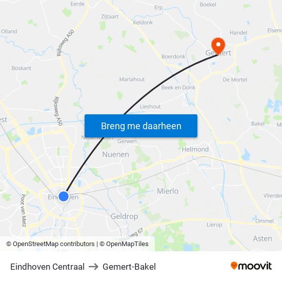 Eindhoven Centraal to Gemert-Bakel map