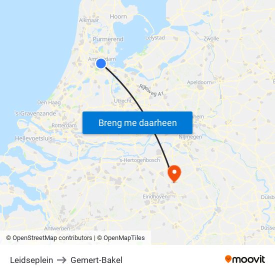 Leidseplein to Gemert-Bakel map